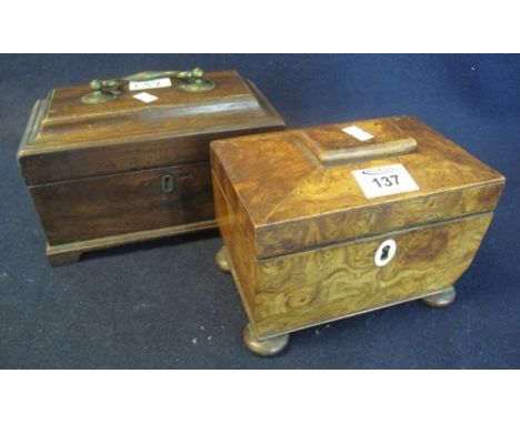 19th Century burr walnut sarcophagus shaped tea caddy with bone escutcheon, together with a Georgian mahogany tea caddy. (2)(