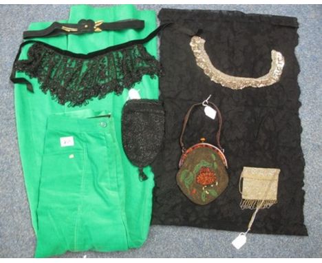 Box of vintage clothing and accessories to include: two 20's-30's beaded bags; one a black drawstring and the other a floral 