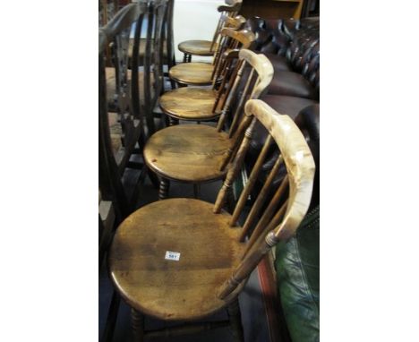 Set of five early 20th Century spindle back kitchen chairs on circular moulded seats and bobbin turned supports. (5) (B.P. 24