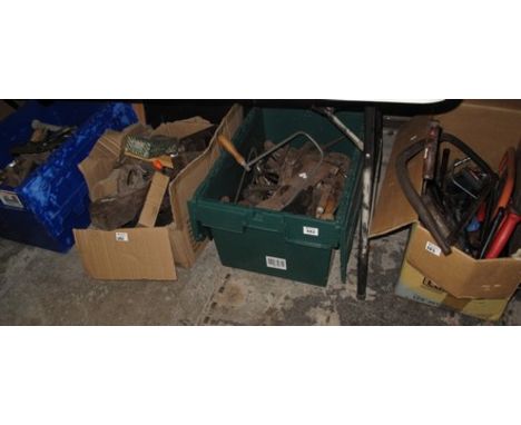 Four boxes of assorted tools to include: planes; saws; chisels; hacksaws; pick; hammers, etc. (4)(B.P. 24% incl. VAT)