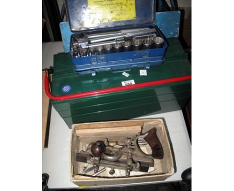 Collection of tools in tin and work boxes to include: spanners; socket set with metal case x2; Stanley forty-five; plane etc.
