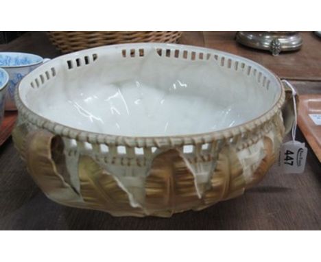 Royal Worcester blush ivory bowl with relief moulded leaf decoration and gilded highlights, puce marks to base, shape number: