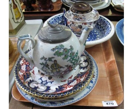 Group of assorted pottery items to include: Mason's Ironstone 'Swansea' design plates; Llanelly type blue and white geometric