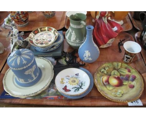 Tray of assorted china to include: Royal Doulton 'Top o' the Hill', HN1834; Royal Crown Derby 'Imari' pin dish; Royal Worcest