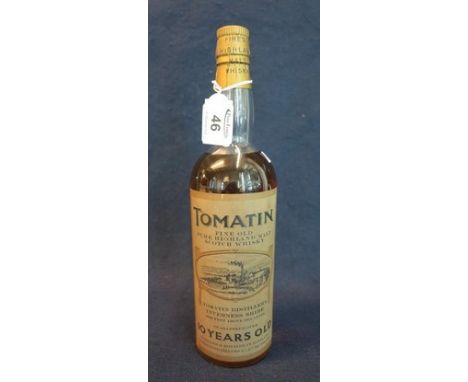 Tomatin fine old pure Highland malt Scotch whisky, Tomatin distillery, Inverness-shire, 10 years old. 70% proof, sealed with 