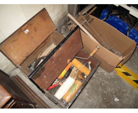 Two pine carpenter's workboxes, the interior revealing assorted tools to include: paint brushes, pick etc. together with anot