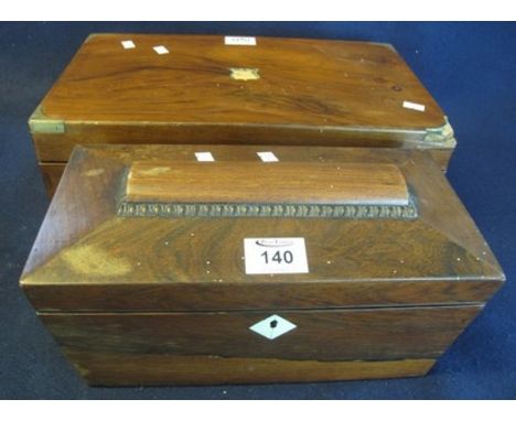 19th Century rosewood sarcophagus shaped tea caddy, together with a walnut brass bound writing box. (B.P. 24% incl. VAT)