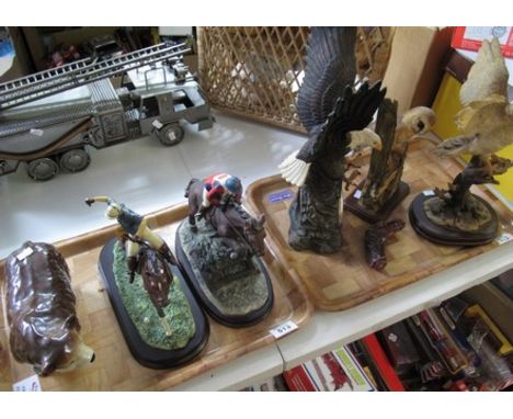 Two trays of items to include; Leonardo collection owl on rockwork and similar animals, one eagle, mantel clock, jockeys on h