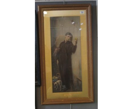 Victorian sentimental portrait study, 'Adversity', coloured print. 70 x 28cm approx, framed and glazed. (B.P. 24% incl. VAT)