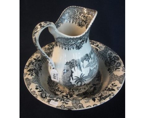 19th Century Welsh pottery black transfer printed jug and basin set, Eastern scene with figures. Bearing Primavesi retailers 