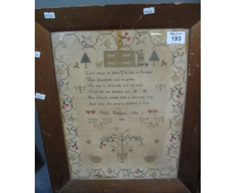 19th Century child's needlepoint sampler by Eliza Sampson July 9 1838. Framed, 41 x 31cm approx. (B.P. 24% incl. VAT)