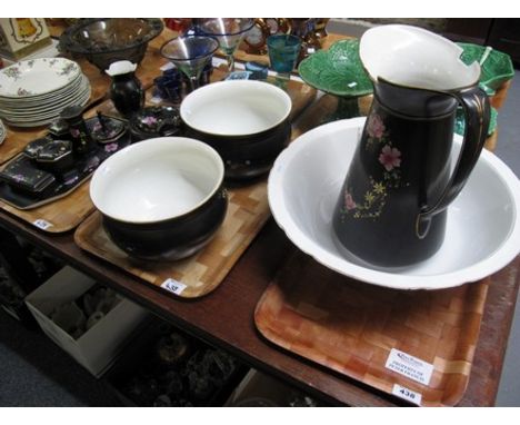 Late Victorian black ground, floral jug and basin set with matching chamber pots and lady's vanity dressing table set, toothb
