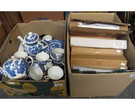 Box of mostly blue and white china to include; Willow design plates and teapot, various cabinet cups, bowls, milk jugs, sucri