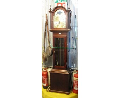 Reproduction mahogany longcase clock marked Fenclocks, with brass face and Roman numerals with lyre pendulum and three weight