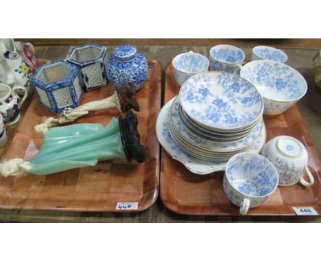 Tray of Royal China Works Worcester teaware together with a tray of Oriental items, resin figures, vases, etc. (2)(B.P. 24% i