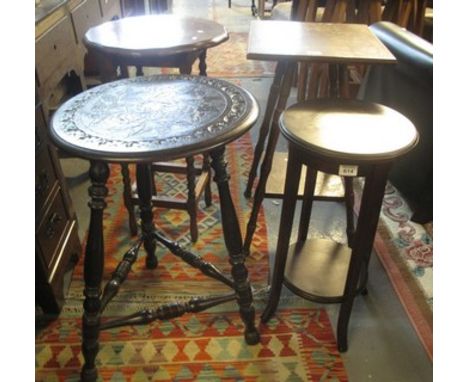 Collection of occasional tables to include: oak piecrust table with bobbin turned supports, mahogany jardiniere with under ti