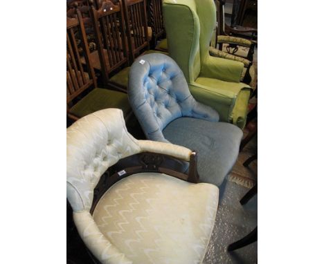 Edwardian mahogany button back upholstered tub chair, together with another button back nursing chair and an early 20th Centu