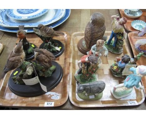 Two trays of china and other figurines and animals to include: Country Artists bird sculptures; Capodimonte figurines; Royal 