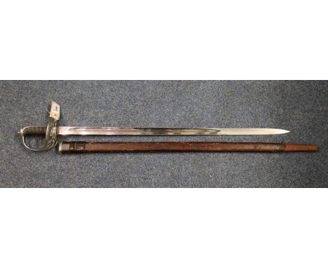 Victorian British Army officers sword with plain fullered blade, wire bound sharkskin grip and pierced hilt, leather covered 