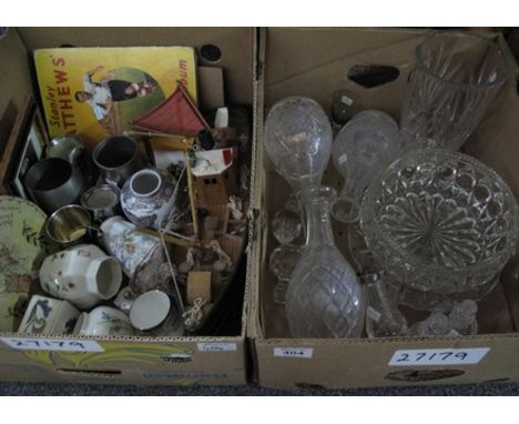 Two boxes of miscellaneous items to include; cut glass vases, bowl, salts etc, a model fishing boat, vintage hardback books, 