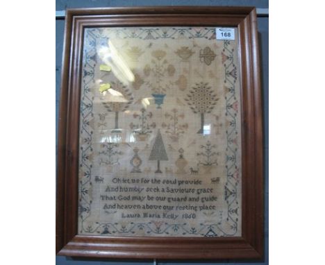 Framed child's sampler by Laura Maria Kelly dated 1860 with the religious text 'O Let us for the soul provide and humbly seek