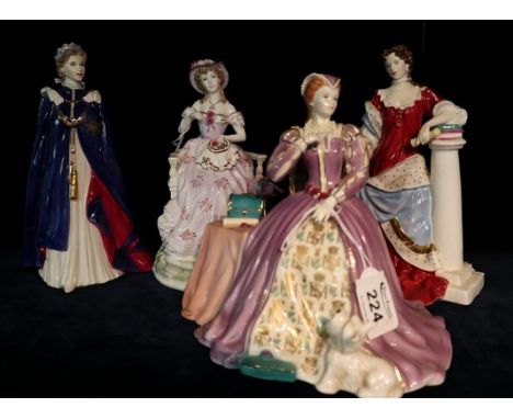 Four Royal Worcester porcelain figurines to include; 'Embroidery', 'Queen Elizabeth II' limited edition of 1000, 'Mary Queen 