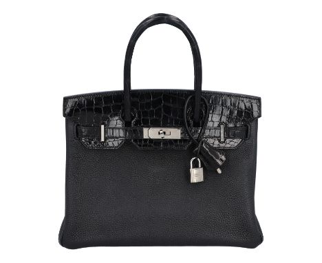 HERMÈS Handtasche "BIRKIN BAG 30 TOUCH". Koll. 2020. Togo Leder und Crocodylus Niloticus in Noir/Noir. Silberfarbene Hardware