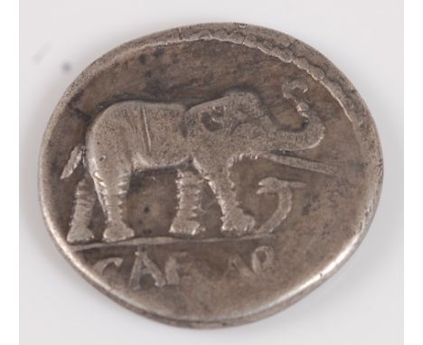 Roman, Julius Caesar, silver denarius, elephant right Caesar below, rev; Pontifical emblems culullus, aspergillum, axe and ap