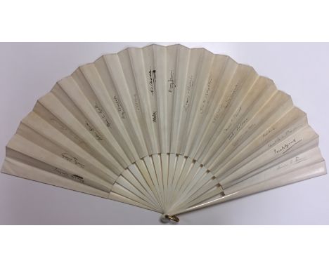  AUTOGRAPHS: A fine plain white handheld fan with ivory sticks, plain ivory guards and a brass loop attached to the pivot pin