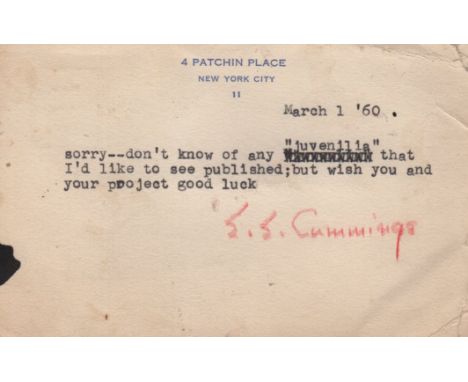  cummings e. e.: (1894-1962) American Poet and Painter. T.N.S. E. E. Cummings, in red crayon, to one side of a correspondence