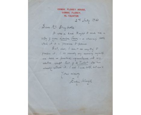 WAUGH EVELYN: (1903-1966) English Writer and Novelist. A.L.S., Evelyn Waugh, one page, 8vo, Combe Florey House, Combe Florey,