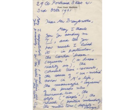MACINNES COLIN: (1914-1976) English Novelist and Journalist. A.L.S., with his initials C.M., one page, 8vo, London, 3rd Octob