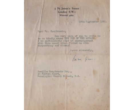  GREENE GRAHAM: (1904-1991) English Novelist. T.L.S., Graham Greene, one page, 8vo, St. James's Street, London, 19th Septembe