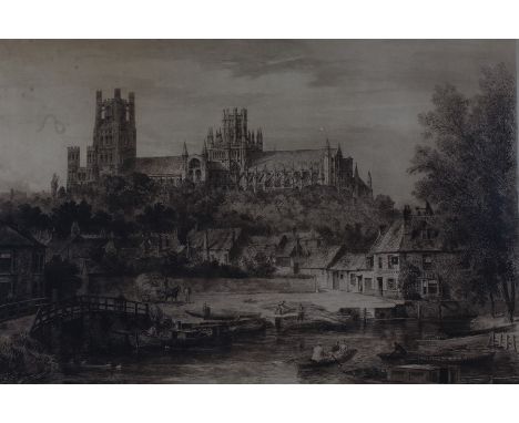 Charles O. Murray, large etching depicting a cathedral with boats to the foreground, pencil signed, housed within a gilt fram