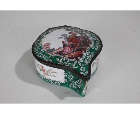 19th century enamel box, of shaped form, the hinged lid decorated with 18th century style figures within a garden setting, en