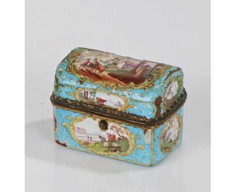 19th Century French enamel travel inkwell box, with a domed hinged lid enclosing a fitted interior, decorated with landscape 