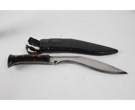 Gurkha knife, having horn handle, housed within a leather scabbard, 32cm long including scabbard