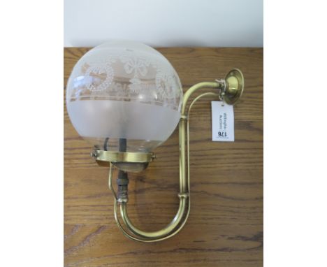 An Edwardian converted brass gas-lamp and shade - tested and working - 36cm H, 32cm D 