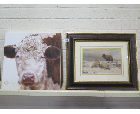 A lithograph of sheep from a Cooper painting, frame size 43cm x 52cm - and a print on canvas of a Hereford cow 