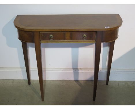 A burr walnut and satin wood console table with single drawer tapered legs, approx W91.5cm x D33cm x H76.5cm - in good condit