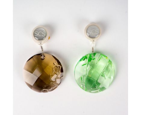 Beautiful set of window ornaments with retractor in brown and green coloration. Swarovski etched backstamp. This item has its
