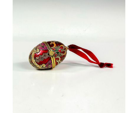 A lovely cloisonne enamelled Christmas ornament with gold-tone metal hinged accents and comes with red satin ribbon. Rich blu