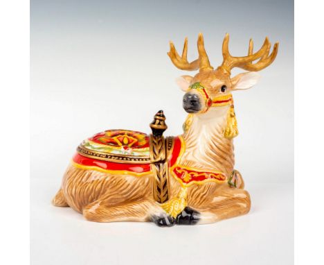 Charming lidded box in the shape of a sitting reindeer. Fitz and Floyd backstamp. This item has its original box. Box measure
