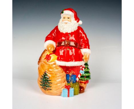 Charming ceramic Santa figural cookie jar painted with bright colors, gilded with gold and glazed with a high gloss finish. S