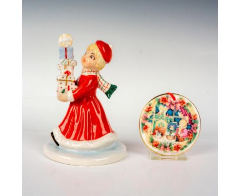 2pc Royal Doulton Christmas Ornament and Figurine, Wrapped and Ready NF001. The ornament shows a scene of a stuffed bunny sit