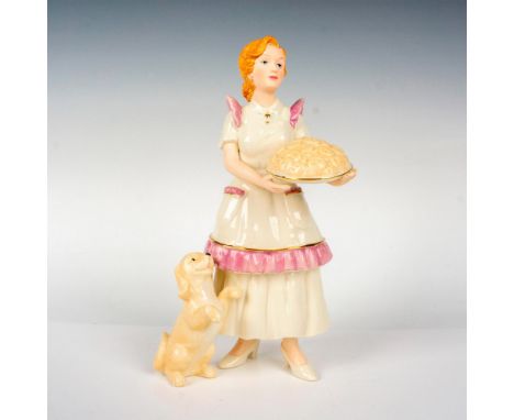 A figure of a mother in a white dress with purple trim holding a tray of cookies with her dog begging by her side. Lenox back