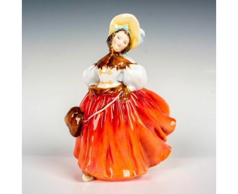 Glazed porcelain figure; woman dressed in pink skirt and white and brown blouse. Royal Doulton backstamp. Artist: Peggy Davie