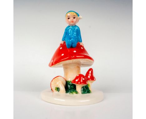 Depicts a young elf boy dressed in blue pajamas sitting on top of a large red mushroom over a garden of smaller mushrooms. Ro