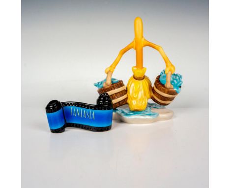 Whimsical porcelain figurine depicting the dancing broom from the Bucket Brigade scene from Fantasia plus film roll sign for 