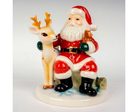 Depicts Santa Clause sitting on his bag of gift petting a reindeer by his side. Royal Doulton backstamp. This item has its or